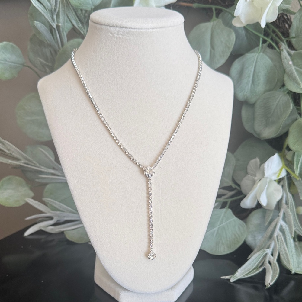 Rhinestone Y-Style Necklace | Silver Tone Drop Necklace